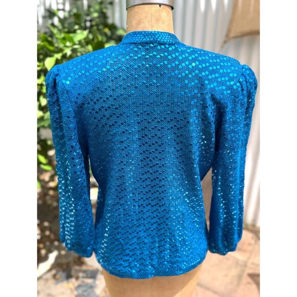 VTG 1980s St. John Sky Blu Round Metallic Paillettes Belted LS Wrap Sweater SZ M - Picture 13 of 13